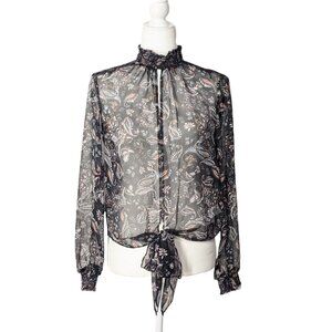 NEW 1 State Poetic Punch Semi-Sheer Paisley Long Sleeve Blouse High Neck Size S